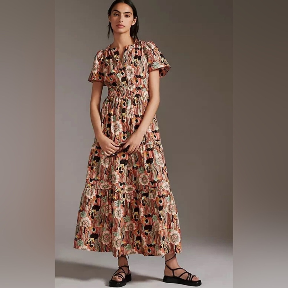 Anthropologie Maeve The Somerset Tiered Maxi Dress Botanic Garden Size Small